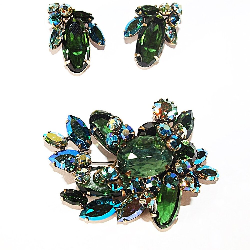 Regency Vintage Brooch and Earring Set – Green Aurora Borealis